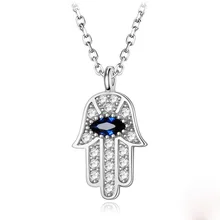 Boho Blue Eye Real 925 Sterling Silver Zircon Hamsa Hand of Fatima Necklace Lady Crystal Pendant Jewelry Choker Vintage Necklace