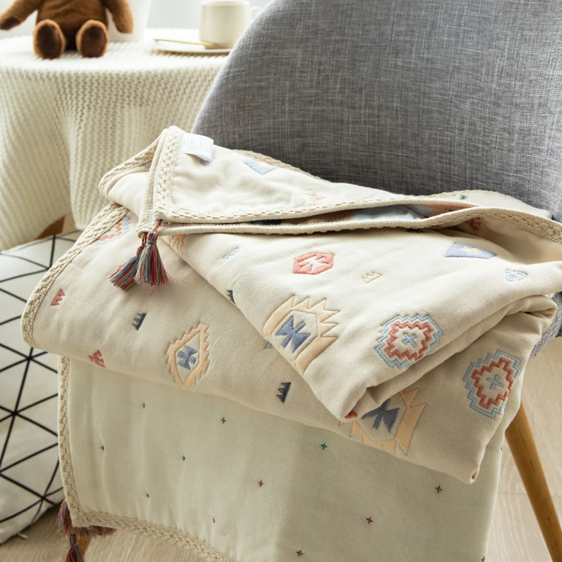 Vintage Bohemian Cotton Gauze Summer Quilt Baby Bed Korean Summer Blanket for Baby Kids Air Conditioner Quilts Muslin Bedspread
