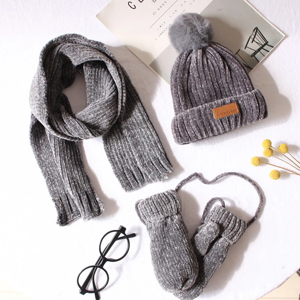Вязаная шапка с помпоном для маленьких мальчиков и девочек, шарф, перчатки, комплект из 3 предметов, вязаная шапка в рубчик с манжетами, детская зимняя теплая спортивная одежда для улицы