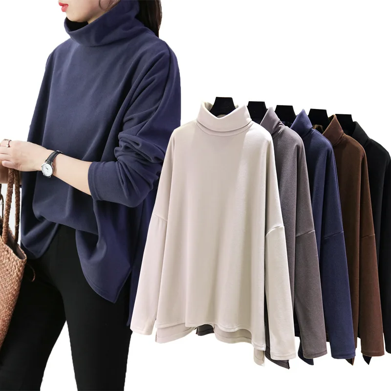 

Autumn Winter Fashion Warm Cotton Tshirts Women Velvet Long Sleeve T shirts High neck Loose Shirt Y0119
