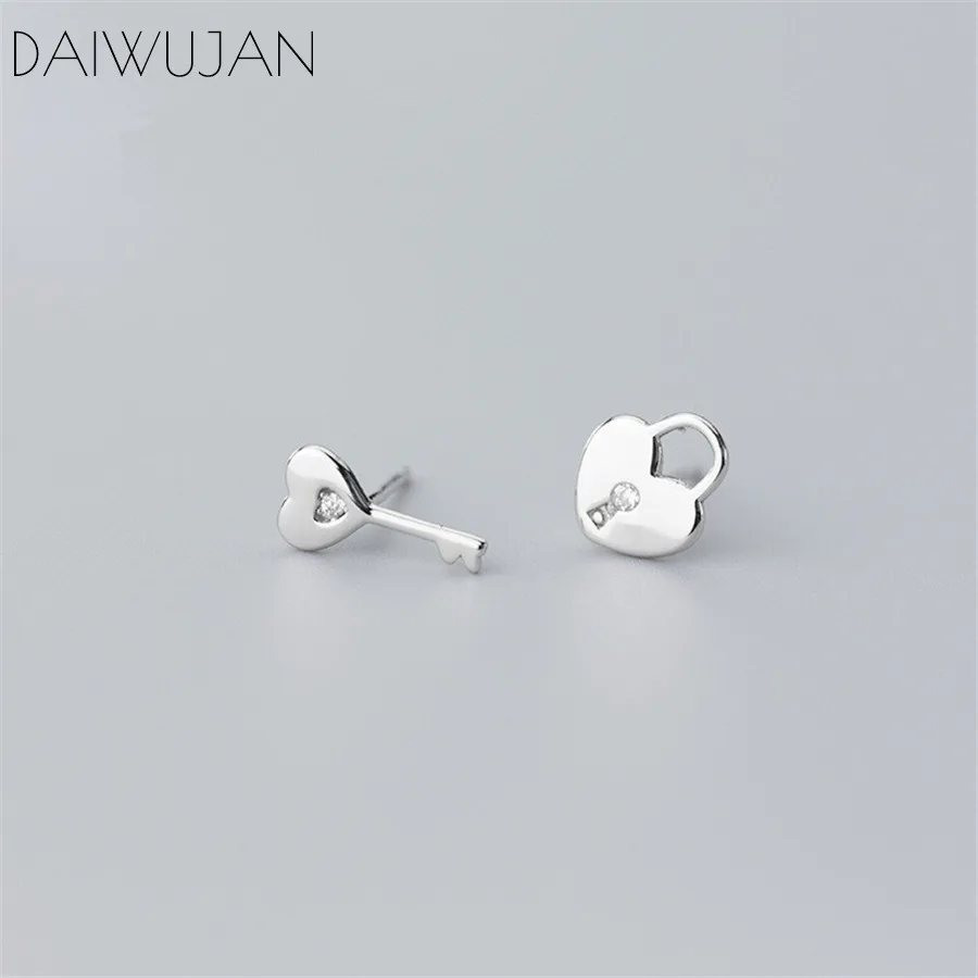 

DAIWUJAN Real 925 Sterling Silver Asymmetric Lock Key Stud Earrings Romantic Lover Couple Earrings For Women Girls Birthday Gift