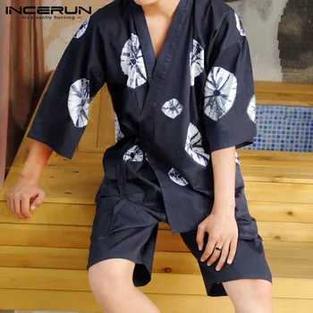 

INCERUN Men Printed Pajamas Sets Short Sleeve V Neck Tops Elastic Shorts Sleepwear Unisex Loose Soft Homewear Nightclothes S-5XL