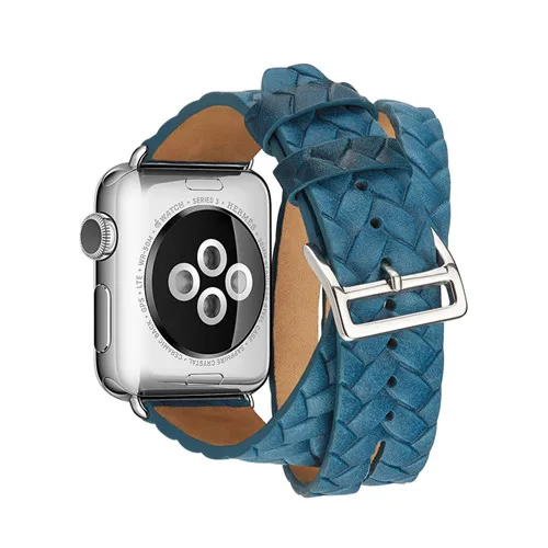 blue Плетеный ремешок из натуральной кожи для apple watch 4, 5, ремешок 42 мм/38 мм, iWatch Series 5, 4, 3, браслет, двойной ремешок+ металлическая пряжка - Цвет ремешка: blue