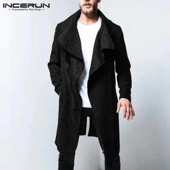 

INCERUN Fashion Men Jackets Coats Turn-down Collar Casual Solid Streetwear Faux Wool Zipper Long Sleeve Men Overcoat Trench 2020