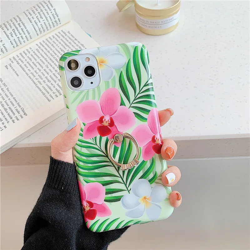 

Flower Case For iPhone 6 6S 7 8 7Plus 8 Plus X XS XR XS Max 11 11 pro Max Phone Coque withe Finger Ring Soft IMD Silicone Matte
