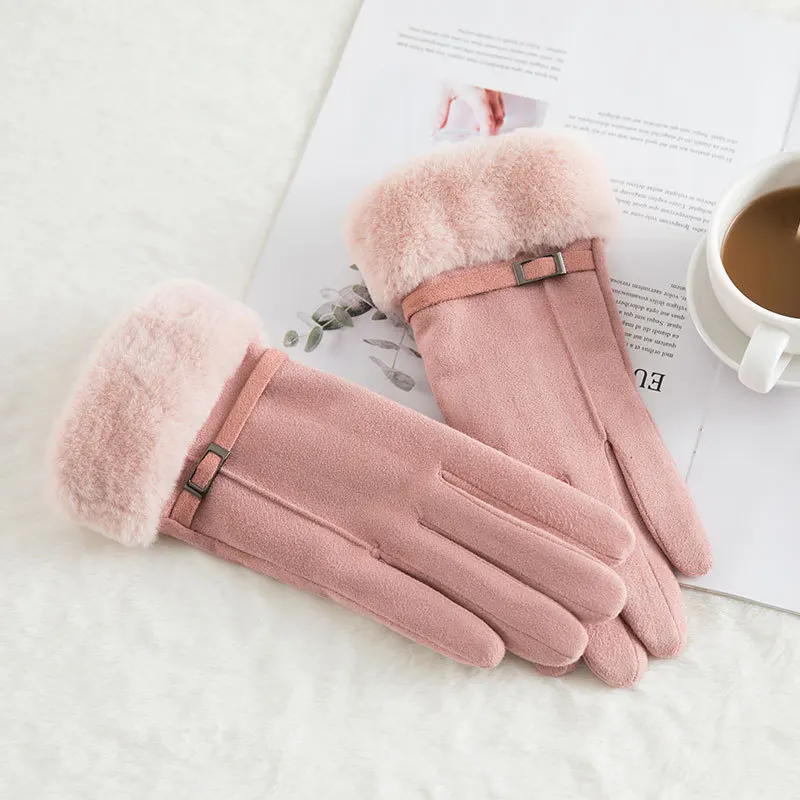 Sparsil женские замшевые перчатки с сенсорным экраном, зимние двухслойные меховые варежки, теплые модные перчатки с вышивкой в виде снежинки для улицы - Цвет: N915-Pink