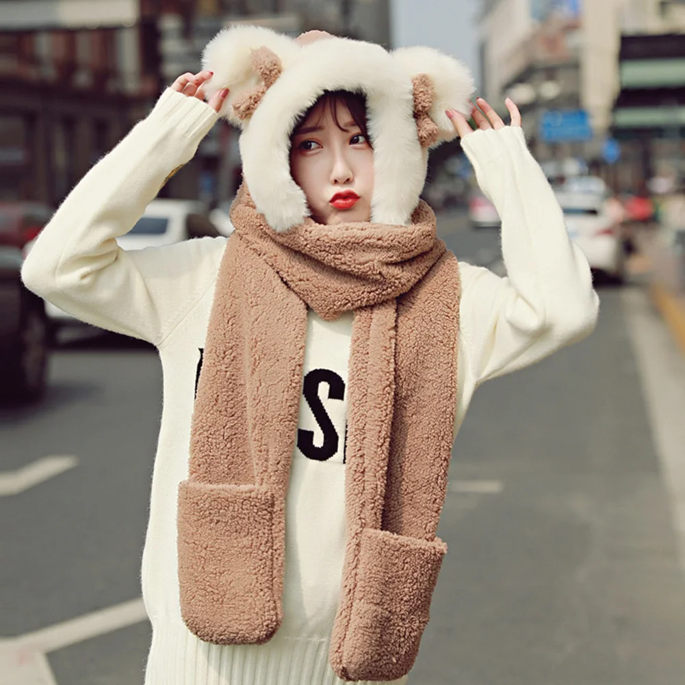 

3 In 1 Warm Scarve Soft Fashion One Piece Women Winter Hat Sweat Absorb Washable With Gloves Thick Outdoor Cute Solid Plush