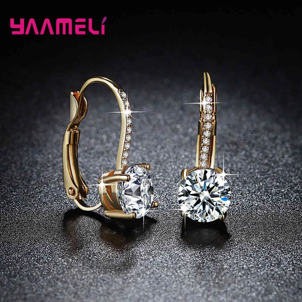 925-Sterling-Silver Earrings Jewelry Crystal Gold-Color Rhinestone Fashion Women Bright