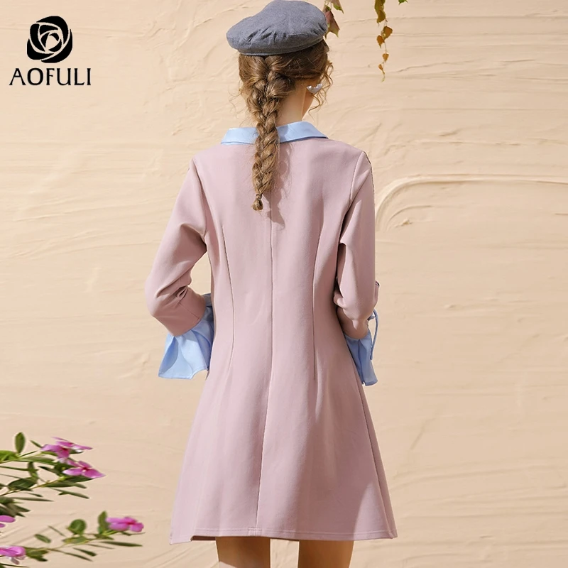 L~ 4XL 5XL милое розовое осеннее гофрированное вечернее платье однотонное модное платье в полоску с тонкой талией женская одежда больших размеров AOFULI A4136