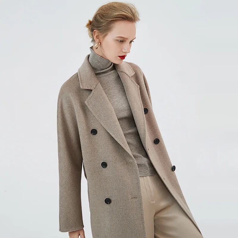 Женские зимние пальто темно-серого цвета, двухсторонняя шерстяная кашемировая верхняя одежда, осень размера плюс, женские модные длинные пальто