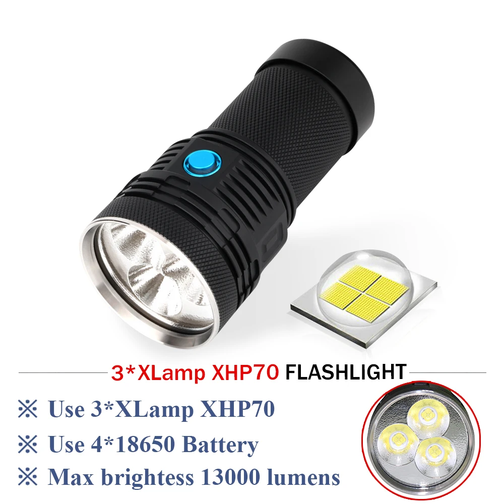 

most powerful flashlight xhp70 Rechargeable 3 cree xhp70 long range flashlight 18650 hand lamp spotlight hunting lampe torche