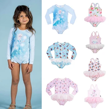 

Kids Summer Baby Girls Bikini Suit Cartoon Print Long Sleeve Swimsuit One-piece Beach Swimsuit Brand Swimming Costumes with hat