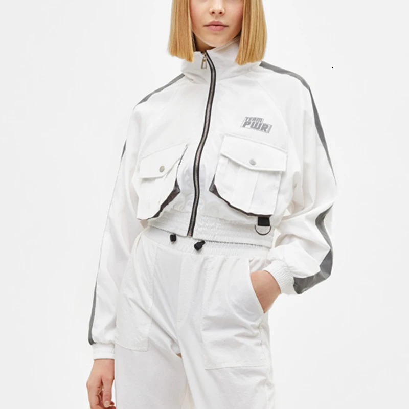 Herfst Nieuwe Reflecterende Jas Vrouw повседневная спортивная уличная Lange Mouw Bomberjack Losse Rits Uitloper |