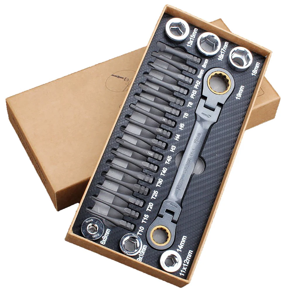 23pcs Multifunctional Ratchet Spanner Set Flexible Head Ratchet Double Box Wrench Socket Screwdriver Bits Auto Repairing Tool