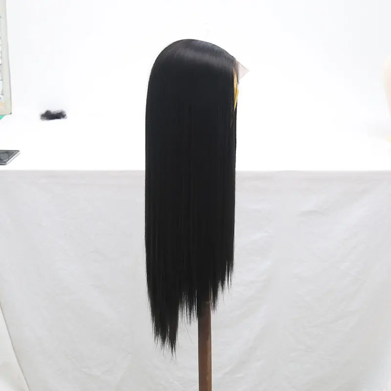 BM черный прямой синтетический 13*6 парик фронта шнурка Glueless термостойкие волокна волос естественная линия волос средний пробор для женщин парик