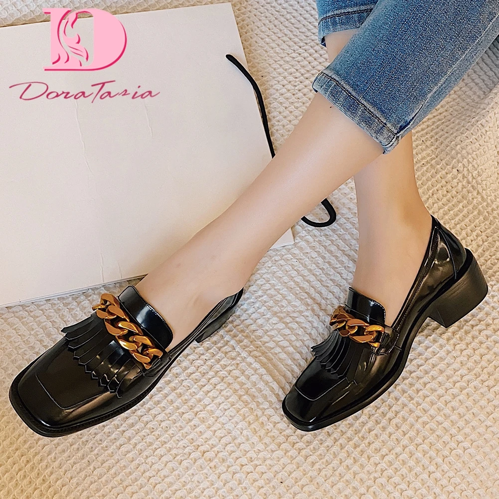 

Doratasia Hot Sale Genuine Cow Leather Slip-On Black Pumps Woman Shoes Chunky Heels Metal Decoration Shoes Women Pumps Female