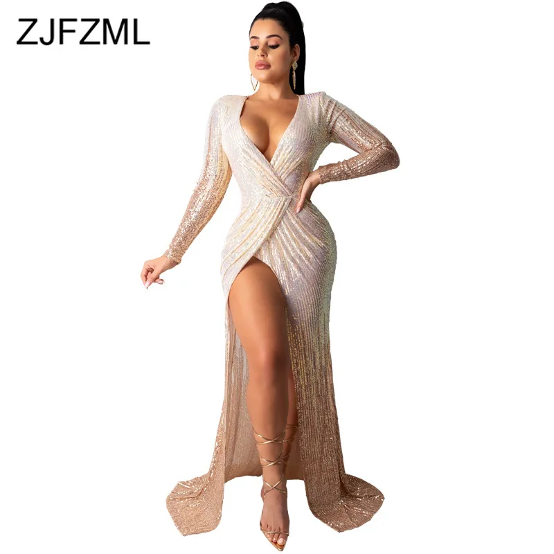 

Sparkly Sexy Sequins High Side Slit Evening Party Dress Women Deep V-Neck Ruched Maxi Dress Elegant Long Sleeve High Waist Dress