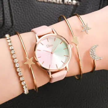 

Gradient Leather Belt Women Watches Set 5pcs Stylish Quartz Ladies Watch Simple Wristwatch Female Gifts Bracelet New reloj mujer