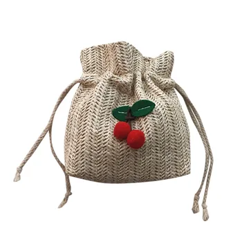 通販 わらバッグ夏の女性のミニかわいいショルダーバッグファッションわらコントラスト色巾着buckeバッグ сумка женская через плечо