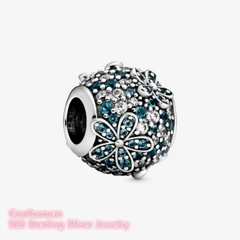 

Spring 100% 925 Sterling Silver Teal Pavé Daisy Flower Charm beads Fits Original Pandora bracelets Jewelry Making