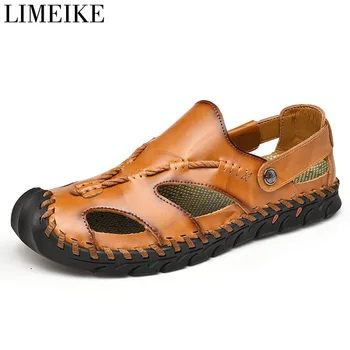 

LIMEIKE Summer Leather Sandals Men Outdoor Beach Sandals Flat Comfortable Fashion Mens Breathable