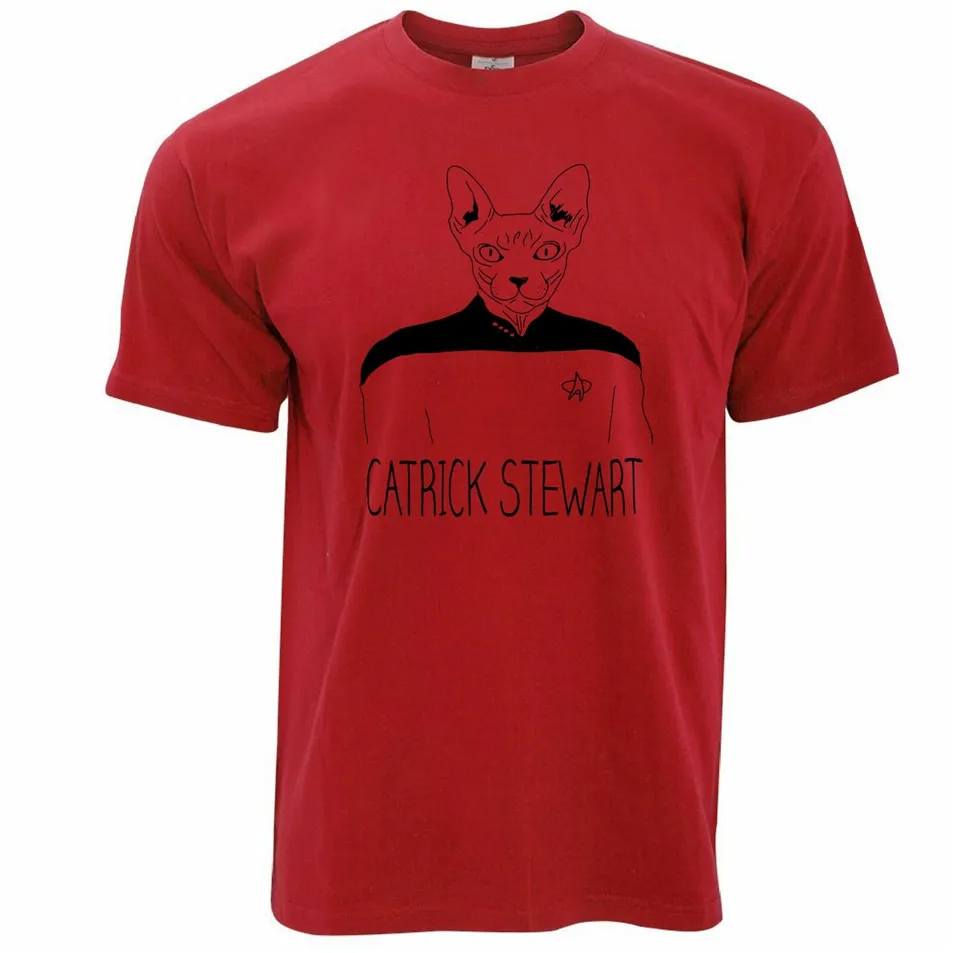 Новинка Sci Fi футболка Catrick Stewart Pun Geek Nerd Cats пародия ТВ актер из дышащей ткани |