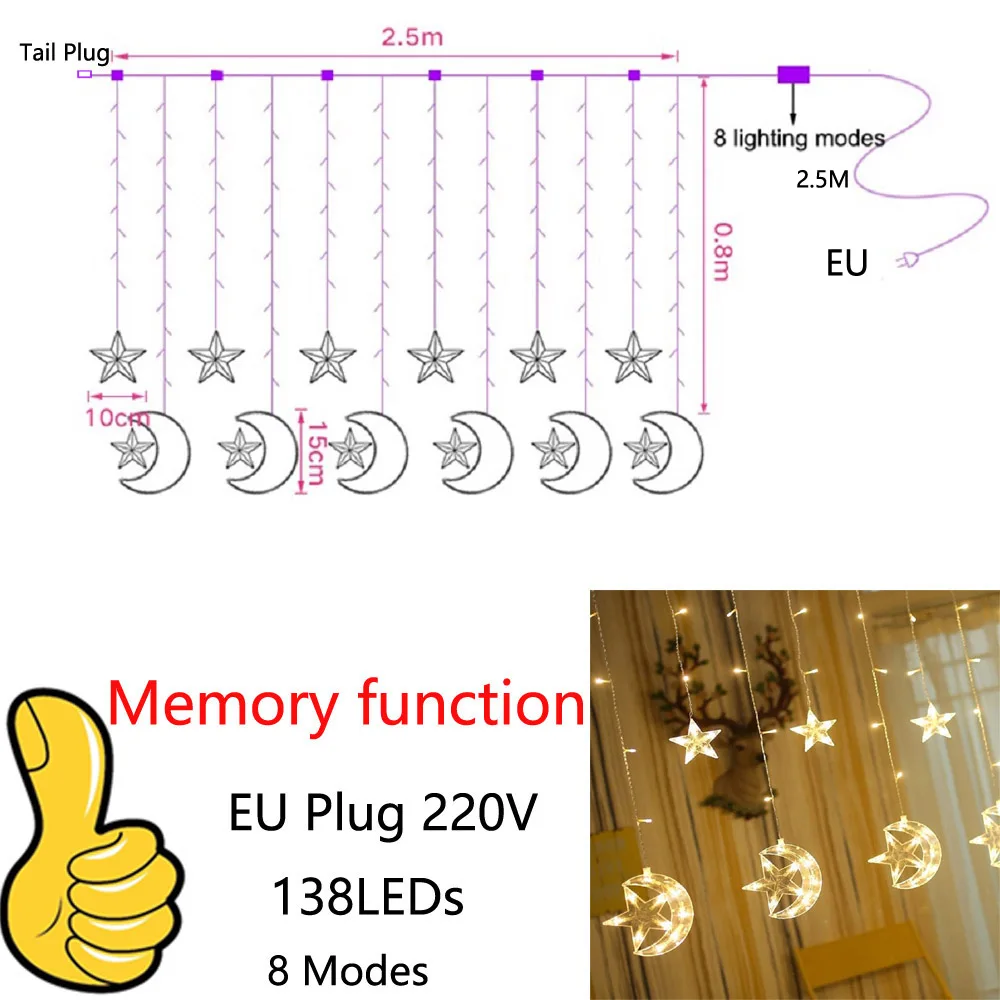 12star 6moon 3x1 м/3x2 м/3x3 м/6x1 м/6x2 м романтические Праздничные огни Звезда Луна светодиодные Занавески свет ЕС 220 В Рождественская гирлянда Фея ротанга свет - Испускаемый цвет: 12star 6moon