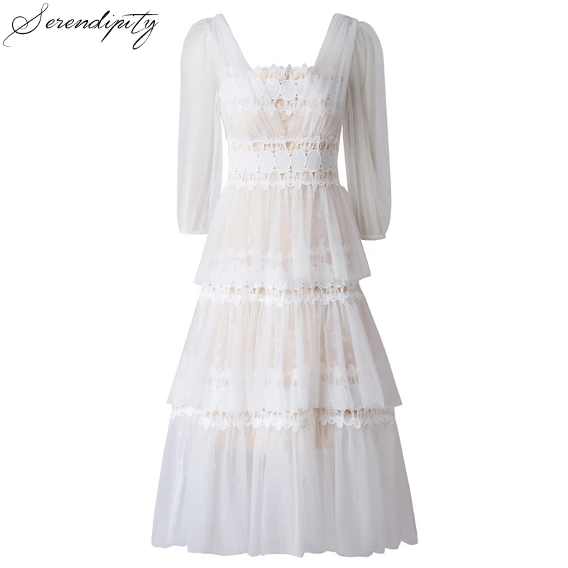 White Dress SRDP Сетчатое винтажное Открытое платье с оборками женское платье с открытой спиной и квадратным воротником в стиле ретро вечерние платья с рукавами фонариками - Цвет: White Dress