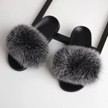 

2020 Xiaomi Mijia Fur Slippers Women Real Fox Fur Slides Furry Flat Sandals Cute Fluffy Shoe Luxury Slippers For Smart Home Life