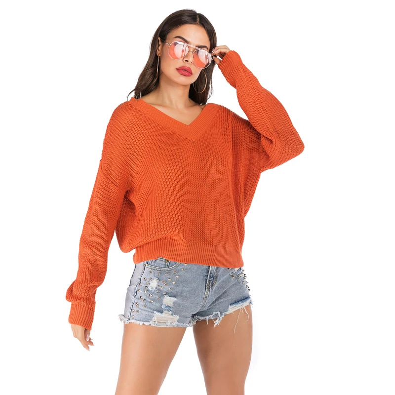 

Knitted Sweater Women Autumn Orange Sweaters V-Neck Casual Loose Pullover Korean Tops Fashion Sweaters Female Womens Clothing