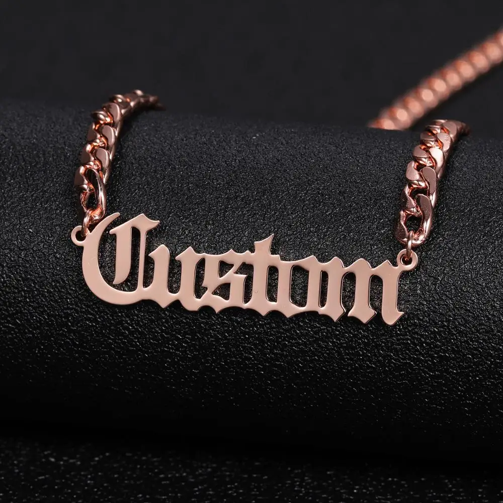 Personalized Name Necklace Curb Chain Stainless Steel Custom Old English Font Pendant Handmade Men Jewelry For Women Gifts