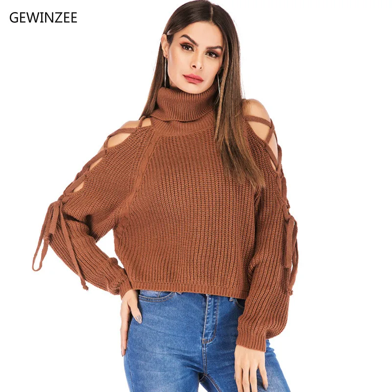 GEWINZEE Knitted Turtleneck Pullover Women's Sweaters Sexy Bandage Strapless Short Sweter Hollow Out Sleeve Jumper Pull Femme | Женская