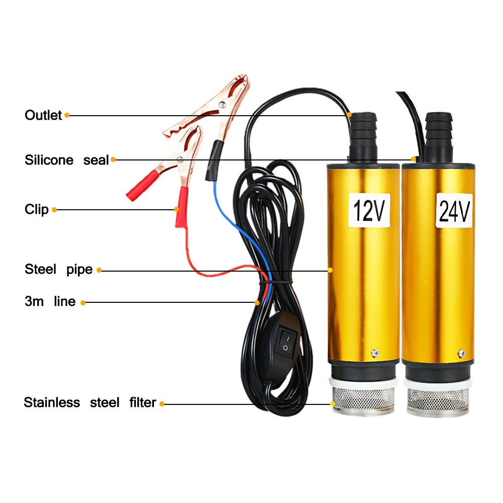 Портативный 51 мм водяной насос для перекачки дизельного топлива DC 12 В/24 В погружной насос для перекачки дизельного масла воды с экраном Fliter