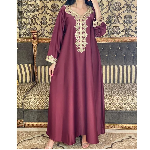 Jalabiya Hijab Dress for Women 2022 New Fashion Muslim Dubai Arabic Moroccan Kaftan Robe Maroon Golden New 1