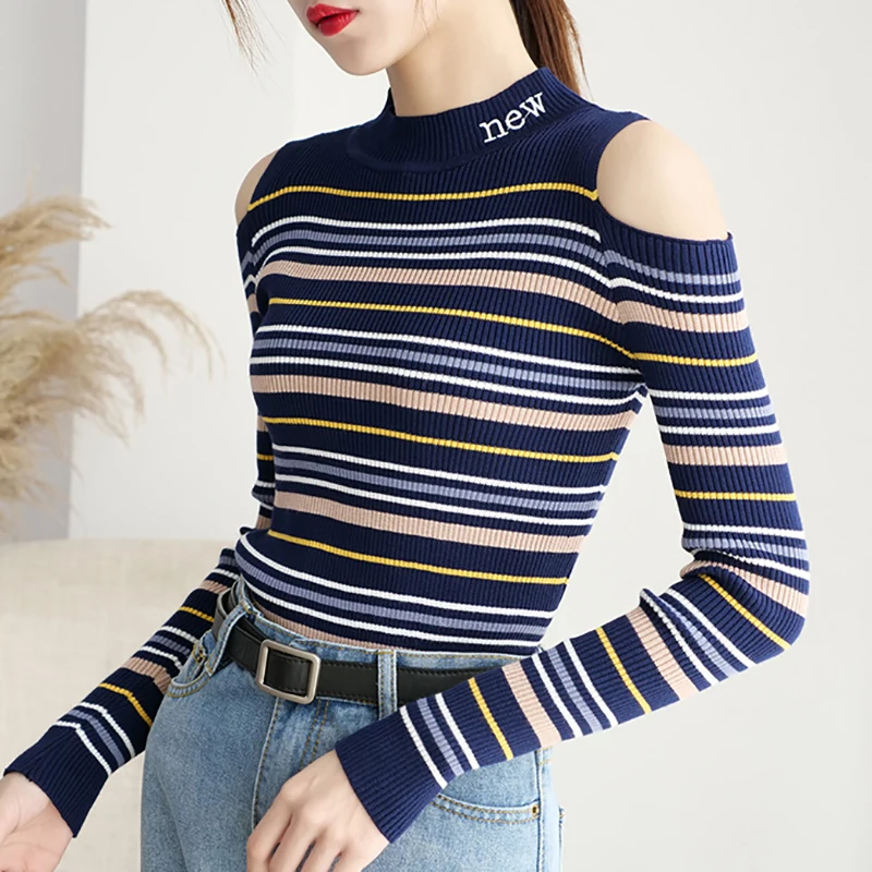 

shintimes Striped Pullovers Women Off Shoulder Sweater New Slim Sexy Knitted High Elastic 2019 Fall Winter Fashion Pull Femme