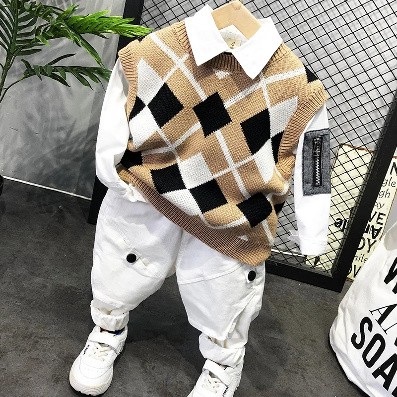 

Anbao Clothing 2019 Spring New Style Men And Women Children Casual Baby Knitted Vest Baby Sweater Waistcoat College Style