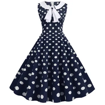 

Plus Size Tie Neck Peter Pan Collar Preppy Style Women 50S 60S Polka Dot Vintage Dress 2020 Summer Autumn Sleeveless Vestidos