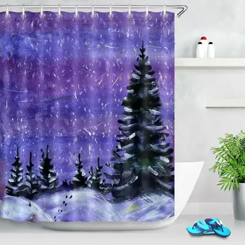 

Abstract Purple Sky Pine Trees Fabric Shower Curtain Set Bathroom Decor Hooks