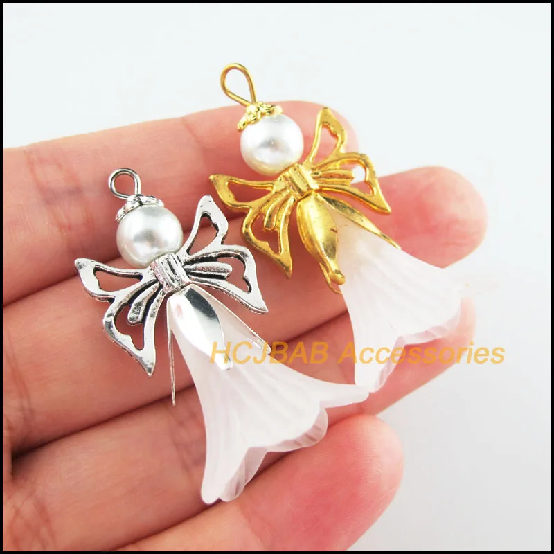 8Pcs Retro Gold Tibetan Silver Tone White Acrylic Angel Charms Pendants 22x42mm | Украшения и аксессуары