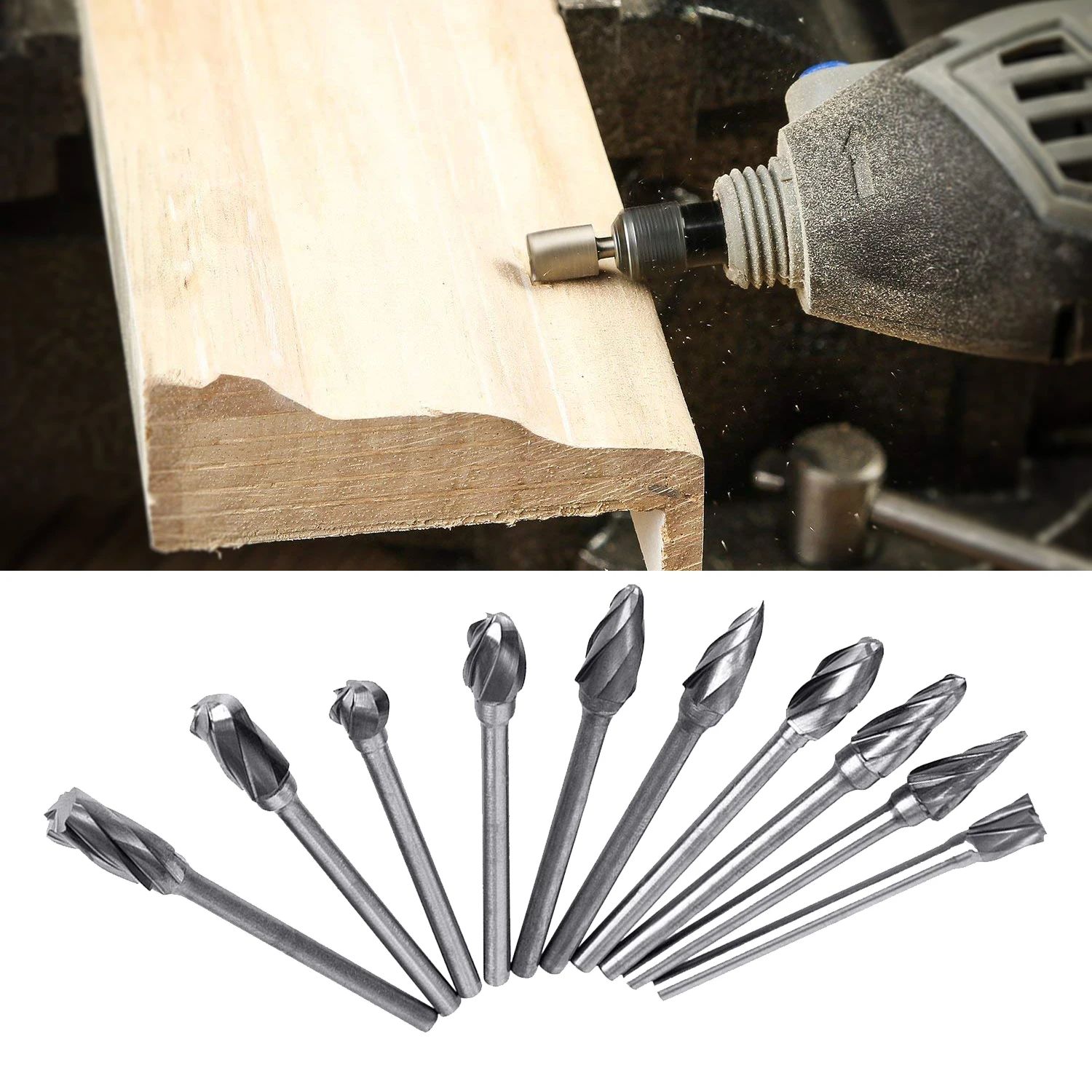 

10pc/set 1/8" Shank Tungsten Carbide Milling Cutter Set Rotary Tool Burr Double Diamond Cut Dremel Tools CNC Engraving Bits