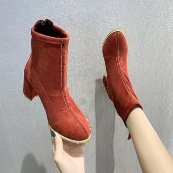 

Winter Boots Lady Booties Woman 2020 High Heels Round Toe Women's Low Shoes Boots-women Stiletto Rock Mid-Calf Autumn Mid