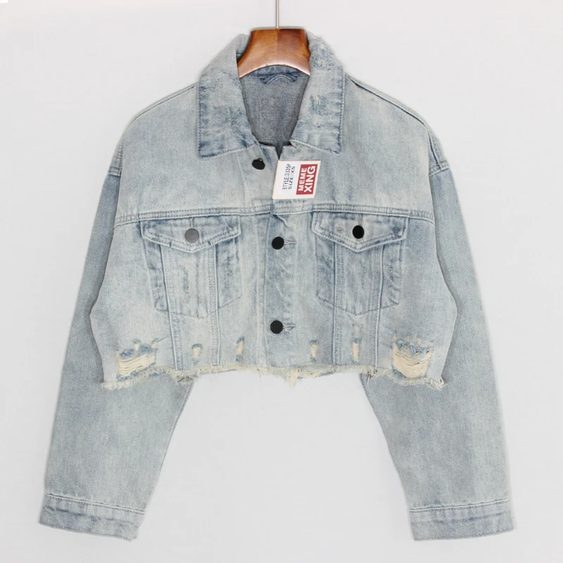 

Vintage Short Denim Jacket Women Outerwear Autumn Big size Loose Holes High Waist Jeans Jacket Casual Basic Denim Coats Female