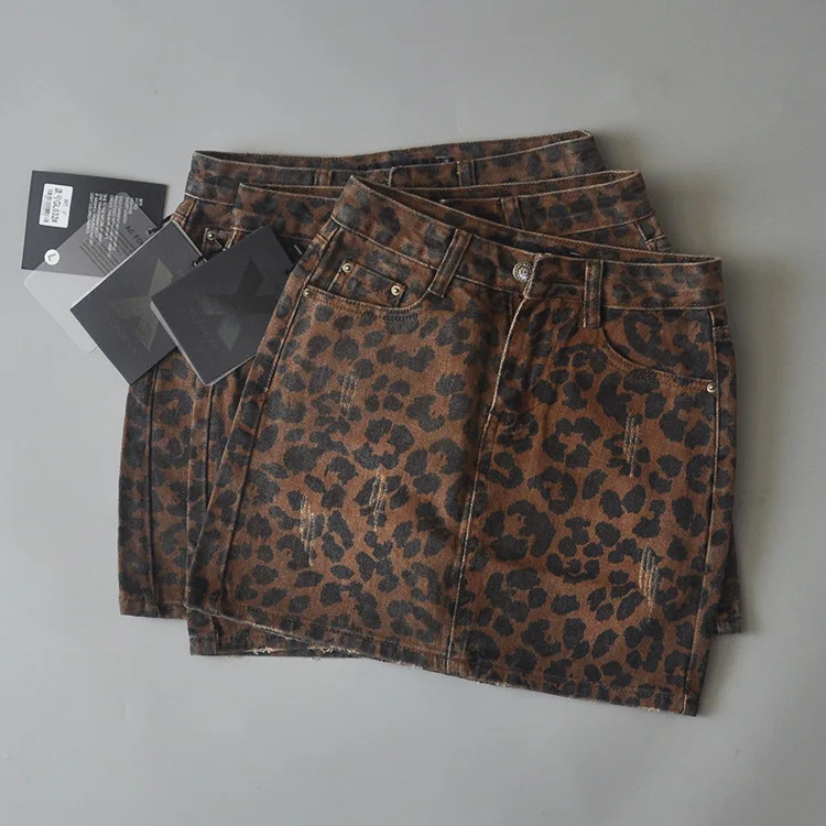 

2020 Spring New Style European And American Style Slim Models High-waisted Leopord Pattern Washing Retro Denim Skirt Skirt