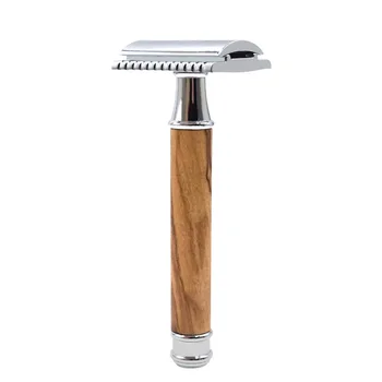 

WHZ SKU2964 Retro Double-sided Shaver Vintage Manual Razor Holder Natural Wood Olive Wood Copper Handle