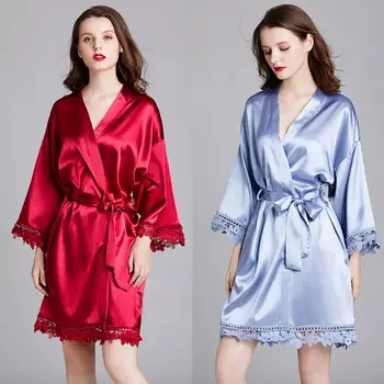 

Womens Imitation Silk Kimono Robe Embroidery Floral Lace Trim Nightgown Solid Color Long Sleeve V-Neck Short Bathrobes