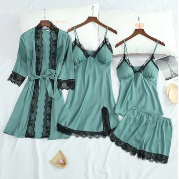 

Green Sexy Lace Women Robe Set Stain Silky 4PCS Kimono Robe Female Sleepwear Summer Casual Nightwear Loose Bathrobe Gown