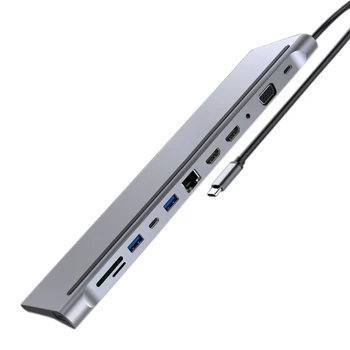 

12-In-1 USB Type-C Hub to Dual Hdmi Rj45 Multi USB 3.0 Power Adapter Docking Station for Laptop Support Pd Transmission