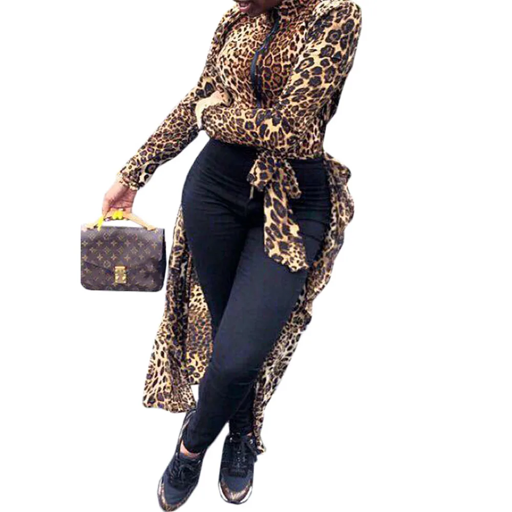 Леопардовая Сексуальная Блузка, женская рубашка с длинным рукавом, осенняя женская уличная одежда, Клубные кружевные Длинные Топы на молнии с принтом, женские блузки