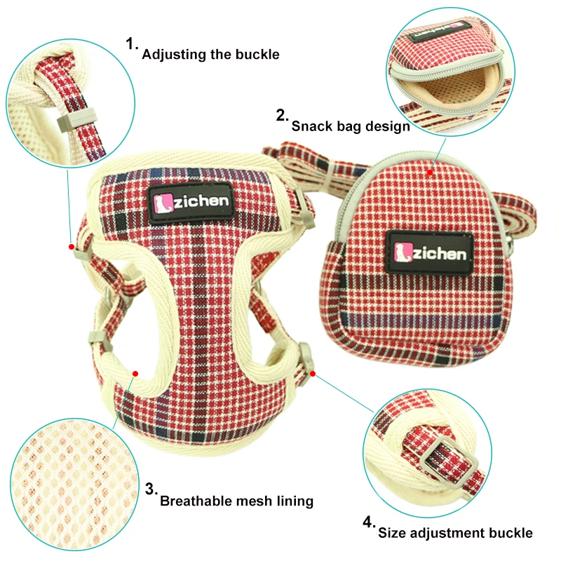 Нейлоновый жилет для собак, сумка для закусок, клетчатая ткань из хлопка, не тянет, регулируемый поводок для кошек, набор для собак, 5 цветов
