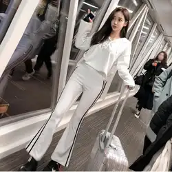 2019 Весенний Новый стильный модный костюм для досуга с капюшоном для похудения, штаны клеш в Корейском стиле, женский костюм